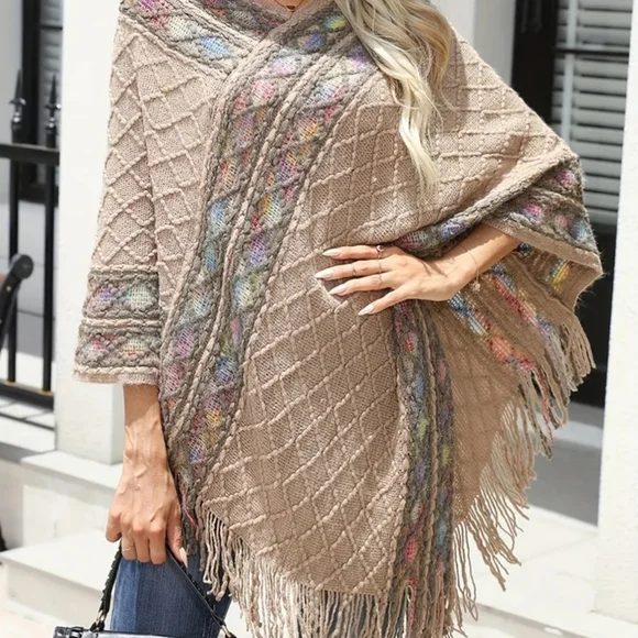 Beige Knit Poncho with Multicolor Accents OS - Picture 3 of 8